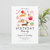 Roze 1e verjaardag Let's Pawty Party Uitnodiging (Staand voorkant)