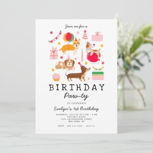 Roze 1e verjaardag Let's Pawty Party Uitnodiging (Staand voorkant)