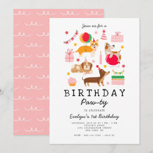 Roze 1e verjaardag Let's Pawty Party Uitnodiging