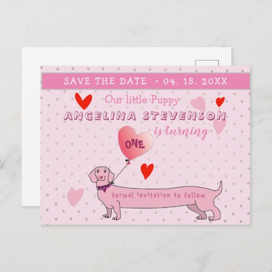 Roze 1e verjaardag meisje Bewaar de datum Aankondigingskaart (Voorkant / Achterkant)