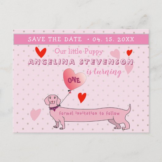 Roze 1e verjaardag meisje Bewaar de datum Aankondigingskaart (Voorkant)