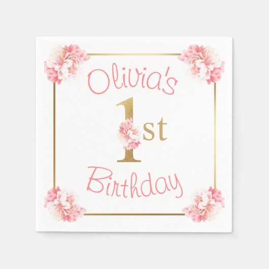 Roze 1e Verjaardag Meisje Bloemenfeest Servet (Voorkant)
