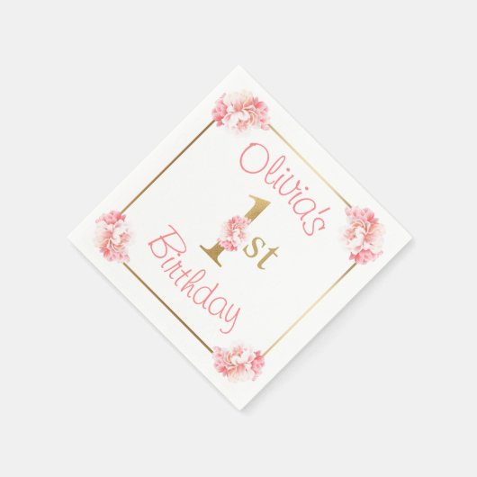 Roze 1e Verjaardag Meisje Bloemenfeest Servet (Hoek)