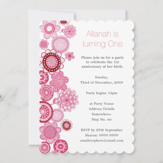 Roze 1e Verjaardag Nummer 1 Partij Custom Invite Kaart (Achterkant)