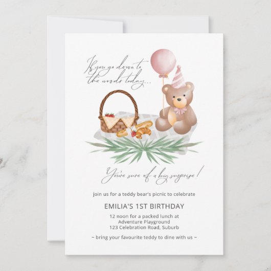 Roze 1e verjaardag Teddy Bear Picnic Kaart (Voorkant)