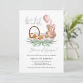 Roze 1e verjaardag Teddy Bear Picnic Kaart (Staand voorkant)