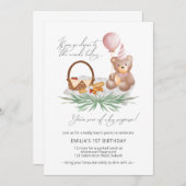 Roze 1e verjaardag Teddy Bear Picnic Kaart (Voorkant / Achterkant)