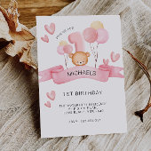 Roze 1e verjaardag, teddybeer kaart
