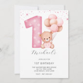 Roze 1e verjaardag, teddybeer kaart (Voorkant)