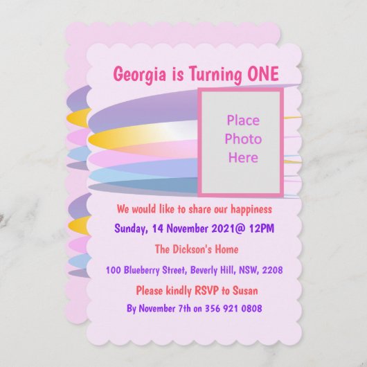 Roze 1e verjaardag Uitnodiging (Voorkant / Achterkant)