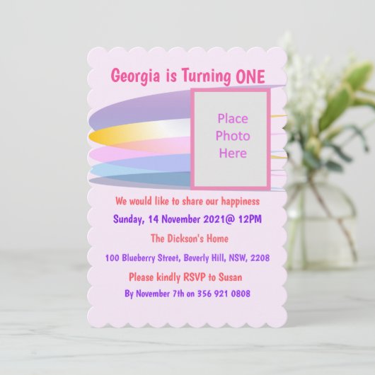 Roze 1e verjaardag Uitnodiging (Staand voorkant)