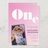 Roze 1e verjaardag uitnodigingen voor haar Retro F (Voorkant / Achterkant)