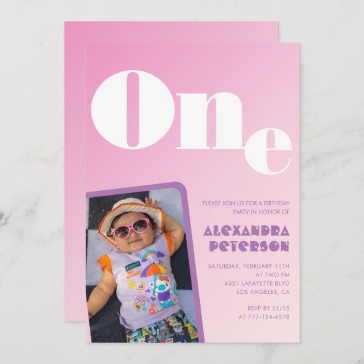 Roze 1e verjaardag uitnodigingen voor haar Retro F (Voorkant / Achterkant)