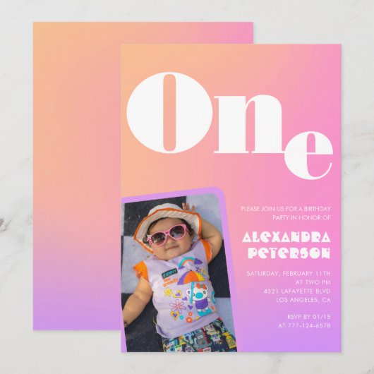 Roze 1e verjaardag uitnodigingen voor haar Retro F (Voorkant / Achterkant)