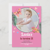 Roze 1e Verjaardag Vlinder Uitnodiging met Foto (Voorkant)
