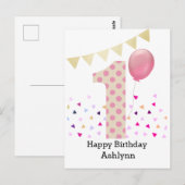 Roze 1e verjaardagsmeisje briefkaart (Voorkant / Achterkant)