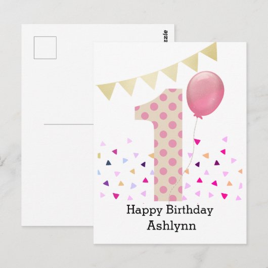 Roze 1e verjaardagsmeisje briefkaart (Voorkant / Achterkant)