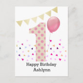 Roze 1e verjaardagsmeisje briefkaart (Voorkant)