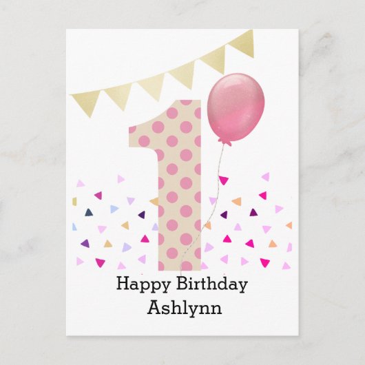 Roze 1e verjaardagsmeisje briefkaart (Voorkant)