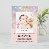 Roze 1e verjaardagsuitnodiging Confetti Foto Kaart (Staand voorkant)
