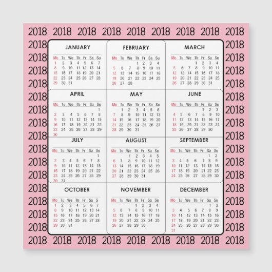 Roze 2018 Calendar Square Magnetic Card (Voorkant)