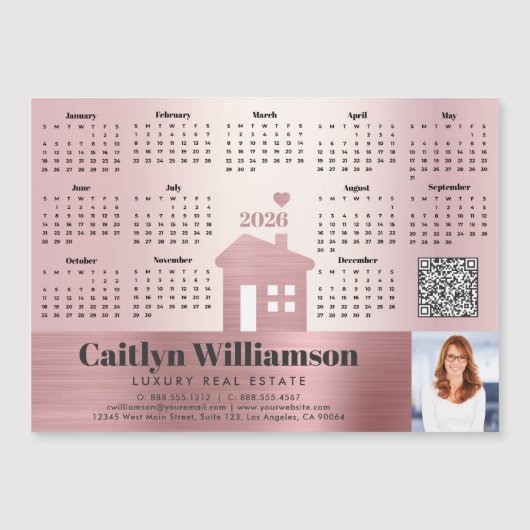 Roze 2026 Kalender Realtor Foto QR Code Magnet (Voorkant)