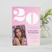 Roze 20e verjaardag uitnodiging Retro Foto (Staand voorkant)