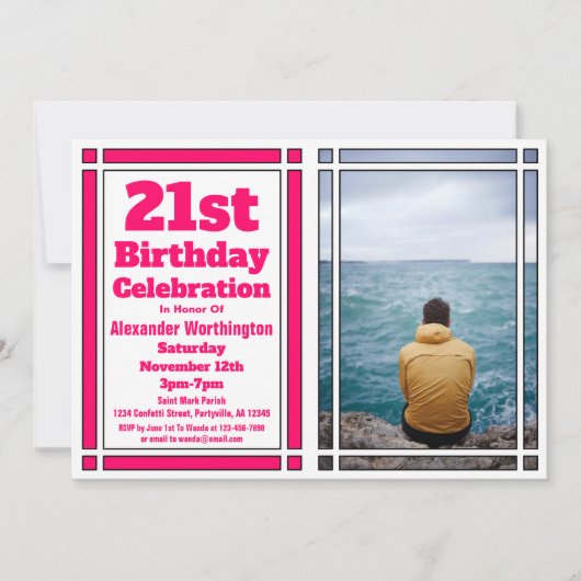 Roze 21e Foto Birthday Party Invitation Kaart (Voorkant)