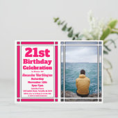Roze 21e Foto Birthday Party Invitation Kaart (Staand voorkant)