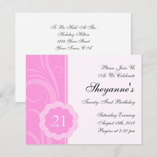 Roze 21e uitnodiging van de Birthday Party (Voorkant / Achterkant)