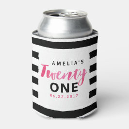 Roze 21e verjaardag van Chic Black & White Stripes Blikjeskoeler