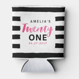 Roze 21e verjaardag van Chic Black & White Stripes Blikjeskoeler