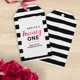 Roze 21e verjaardag van Chic Black & White Stripes Cadeaulabel