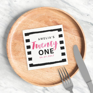 Roze 21e verjaardag van Chic Black & White Stripes Servetten