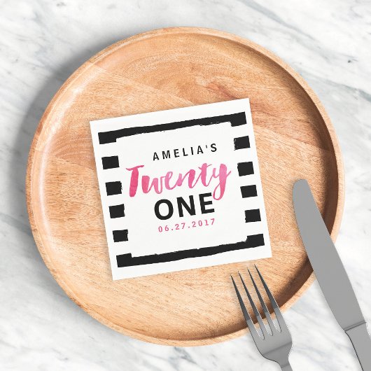 Roze 21e verjaardag van Chic Black & White Stripes Servetten