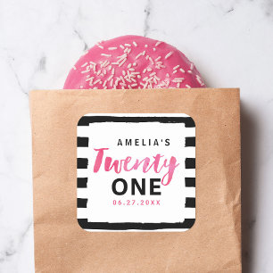Roze 21e verjaardag van Chic Black & White Stripes Vierkante Sticker
