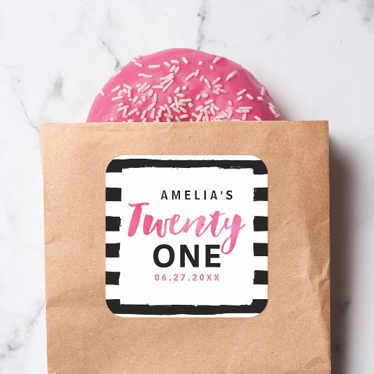 Roze 21e verjaardag van Chic Black & White Stripes Vierkante Sticker