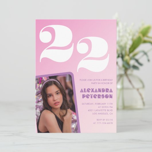 Roze 22e verjaardag uitnodigingen Retro Foto (Staand voorkant)