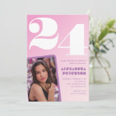 Roze 24e verjaardag uitnodigingen Retro Foto (Staand voorkant)
