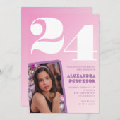 Roze 24e verjaardag uitnodigingen Retro Foto (Voorkant / Achterkant)