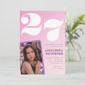 Roze 27e verjaardag uitnodigingen Retro Foto (Staand voorkant)