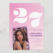 Roze 27e verjaardag uitnodigingen Retro Foto (Voorkant / Achterkant)