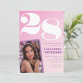 Roze 28e verjaardag uitnodigingen Retro Foto (Staand voorkant)