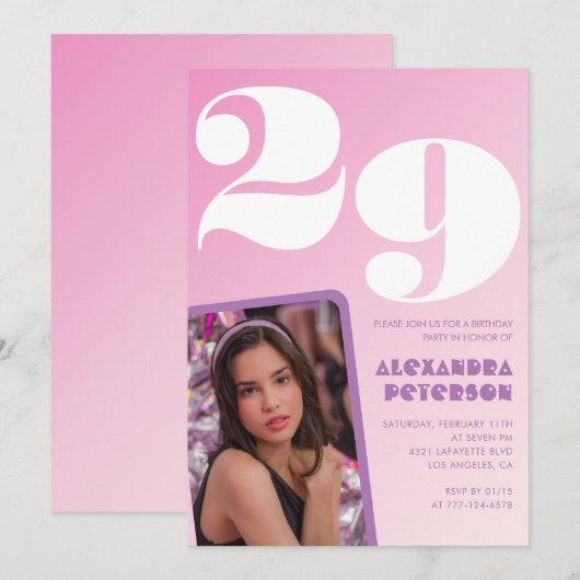 Roze 29e verjaardag uitnodigingen Retro Foto (Voorkant / Achterkant)