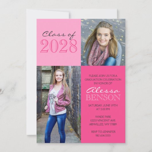 Roze 2 Toned Classic 2 Foto Afstuderen Kaart (Voorkant)