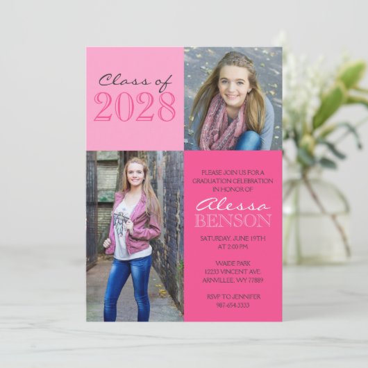 Roze 2 Toned Classic 2 Foto Afstuderen Kaart (Staand voorkant)