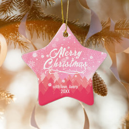 Roze 2-zijdige Peaceful Snow Forest Kerstster Keramisch Ornament