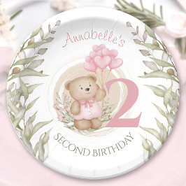 Roze 2e Verjaardag Schattige Teddy Bear Papier Bor Papieren Bordje