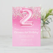 Roze 2e Verjaardag Uitnodiging Girly Pink Glitter (Staand voorkant)