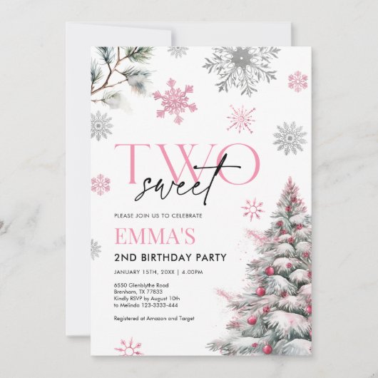 Roze 2e verjaardag uitnodiging, winter twee verjaa kaart (Voorkant)